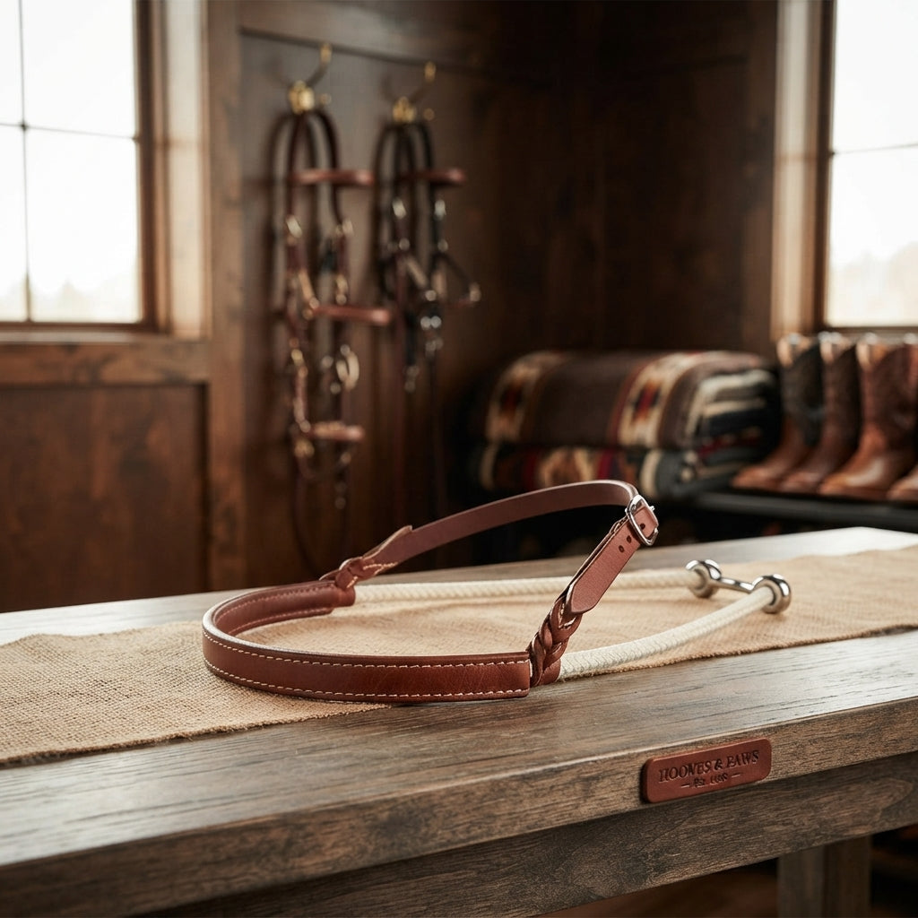 Lifestyle photo of Professional's Choice Lariat Rope Noseband 8148 - 3/4" Hermann Oak Leather & 1/2" Hand-Tied Crown
