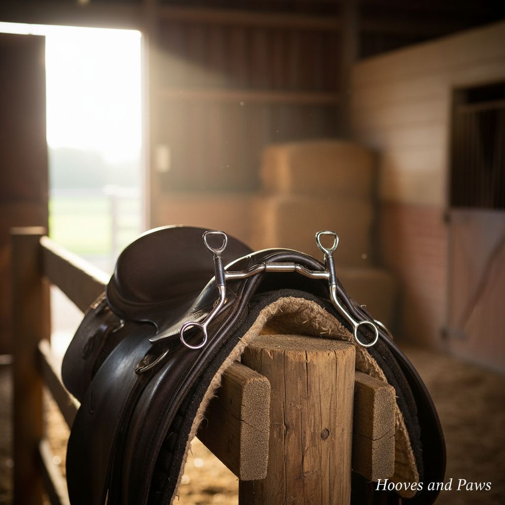 Myler MB 36 Sweet Iron Ported Barrel Snaffle Bit, designed for enhanced comfort and control, resting on a dark English horse saddle in a sunlit barn.