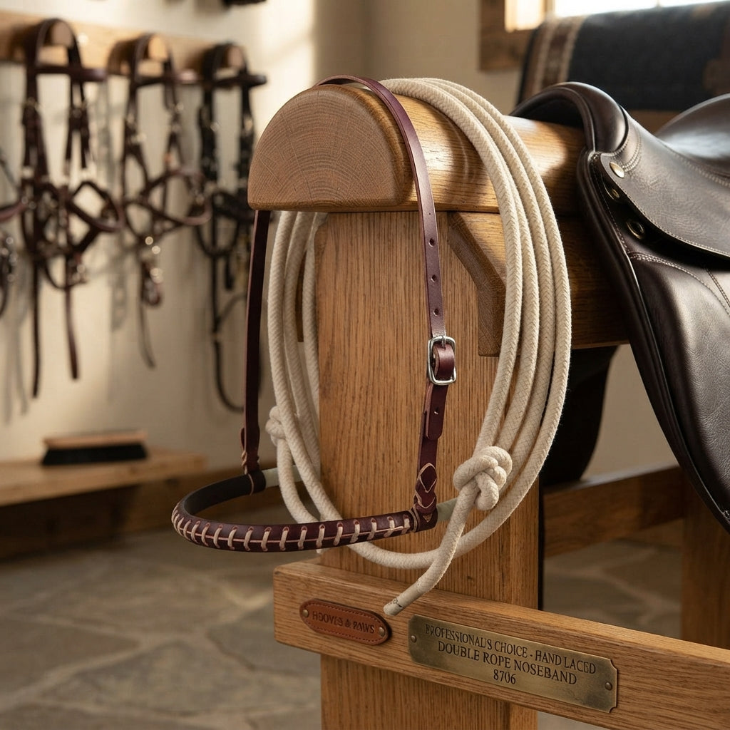 Lifestyle photo of Professional's Choice Hand Laced Double Rope Noseband - 1/4" Lariat Rope, Latigo Leather Cover & Stainless Steel Buckle 8706
