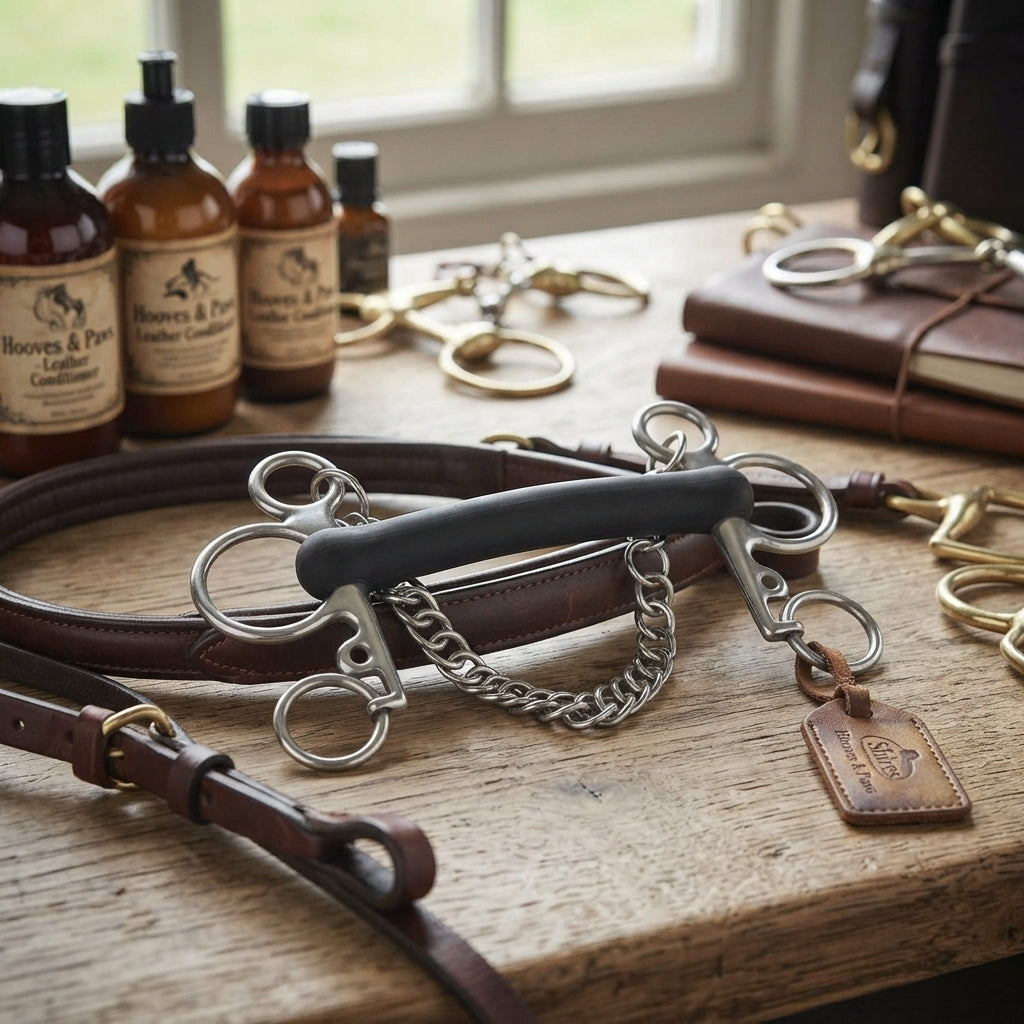 Lifestyle photo of Shires Tom Thumb Rubber Mouth Pelham Horse Bit - Stainless Steel with Soft Rubber Mouthpiece