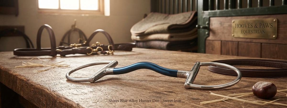 Lifestyle photo of Shires Blue Alloy Hunter Dee with Mullen Mouth - Sweet Iron and Stainless Steel Horse Bit
