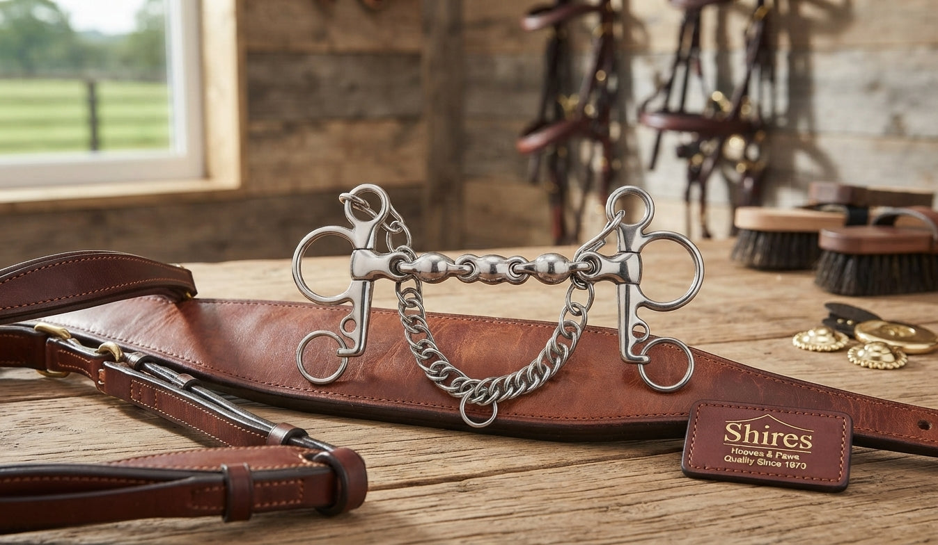 Lifestyle photo of Shires Short Shank Waterford Pelham Horse Bit - Stainless Steel Multi-Link Mouthpiece #88711