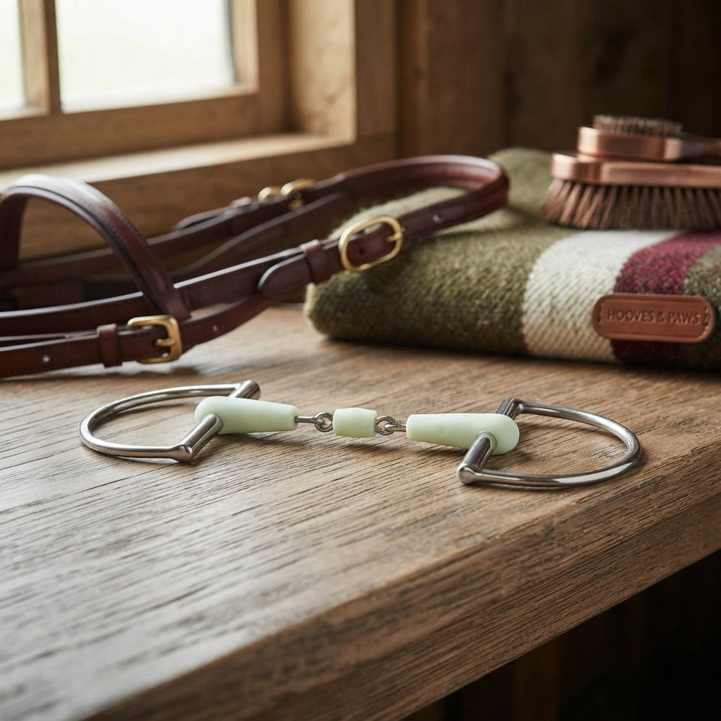 Lifestyle photo of Shires Equikind Peanut Hunter Dee Horse Bit - Stainless Steel & Gentle Synthetic Mouthpiece