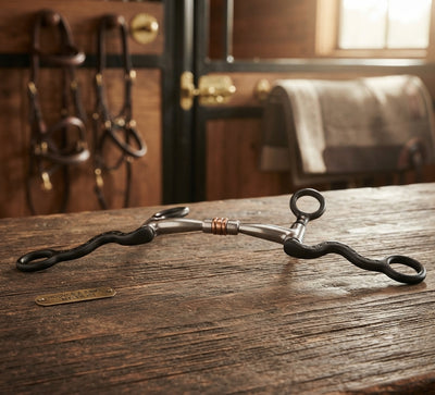 Lifestyle photo of Myler 03 Black Seven Shank Bit - MB 03 Sweet Iron Comfort Snaffle with Copper Inlay - 5" Mouth, 7" Shank