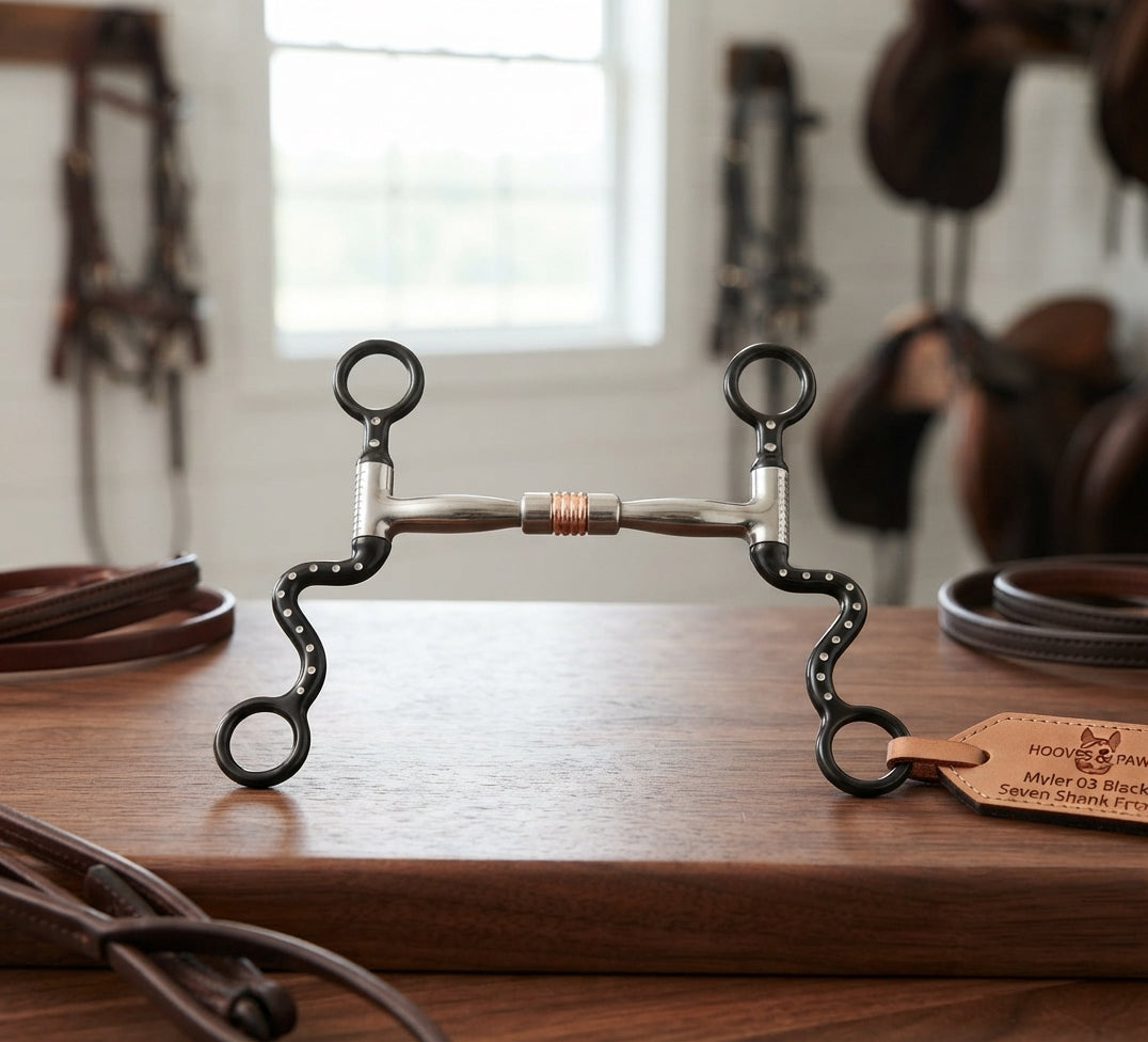 Lifestyle photo of Myler 03 Black Seven Shank Bit - MB 03 Sweet Iron Comfort Snaffle with Copper Inlay - 5" Mouth, 7" Shank