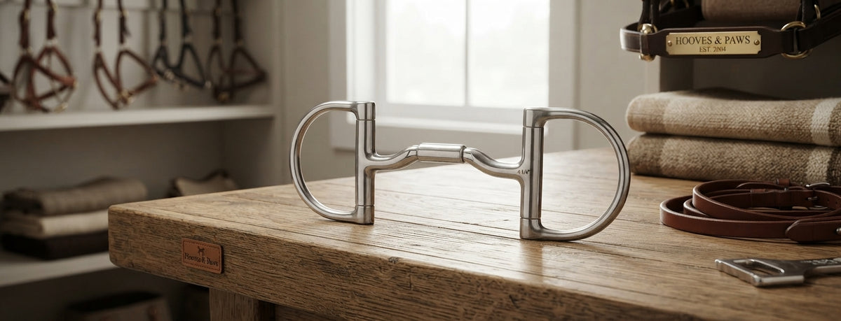 Lifestyle photo of Myler English Dee Ring Bit with MB 36 Forward Tilt Ported Barrel and Hooks, Level 2-3 Tongue Relief - 4 1/4"