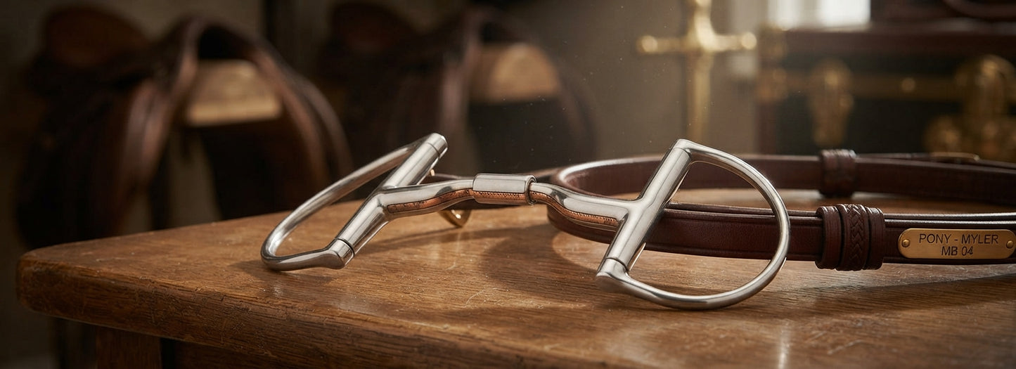 Lifestyle photo of Myler Pony Dee with Hooks Low Port Comfort Snaffle Bit (MB 04) - 4 3/4" Stainless Steel & Copper Inlay