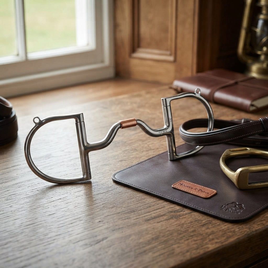 Lifestyle photo of Myler MB 33 English Dee Bit with Hooks - 4 1/2" Mouthpiece - Stainless Steel with Copper Inlay