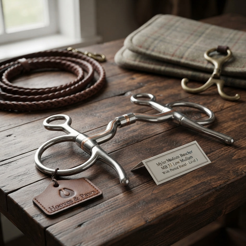 Lifestyle photo of Myler Medium Baucher Horse Bit MB 33 Low Medium Wide Ported Barrel - 5" Stainless Steel with Copper Inlay Level 3