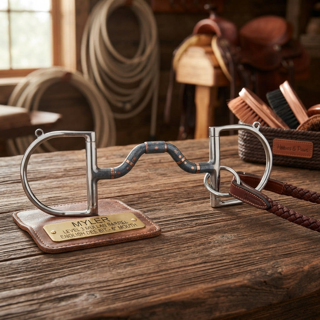 Lifestyle photo of Myler Level 3 Mullan Barrel English Dee Bit with Hooks - 6" Mouth Sweet Iron Copper Inlay