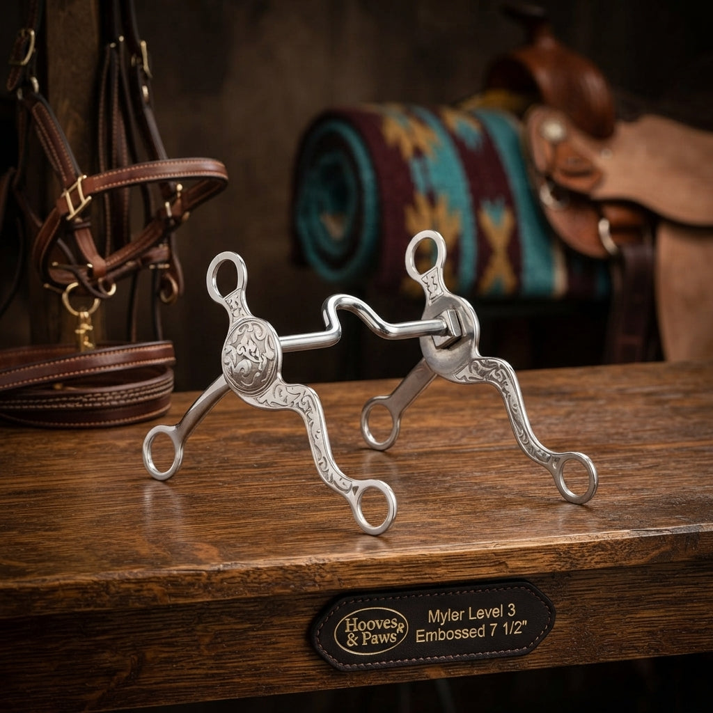 Lifestyle photo of Myler Embossed 7 1/2" Shank Western Bit with Level 3 (98) Mouthpiece - 5" Mouth