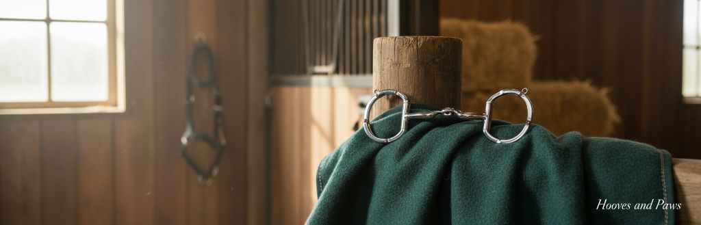 Myler 04 Stainless Steel Eggbutt with Hooks horse bit displayed on a dark green blanket in a rustic wooden barn.