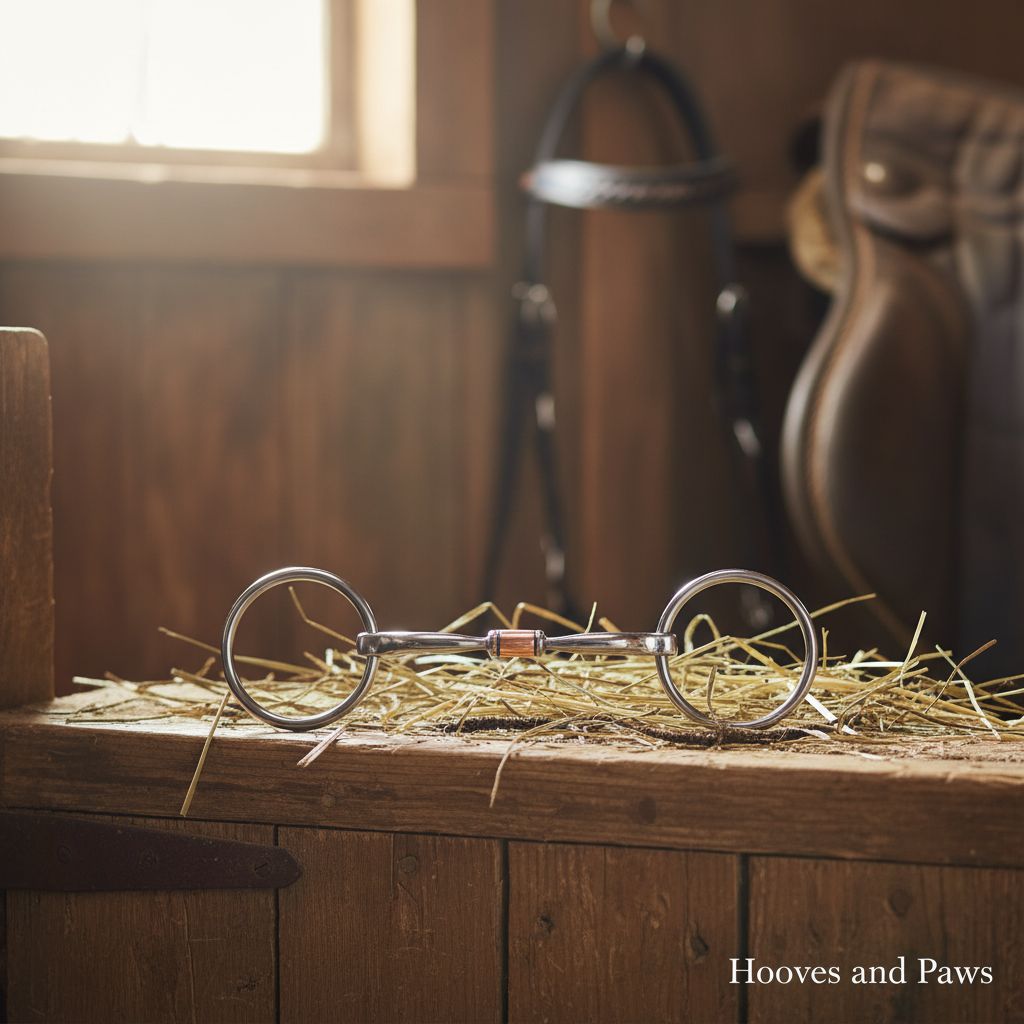 Myler MB 02 Comfort Snaffle horse bit with wide barrel and copper inlay, dressage legal, lying on hay in a rustic barn setting.