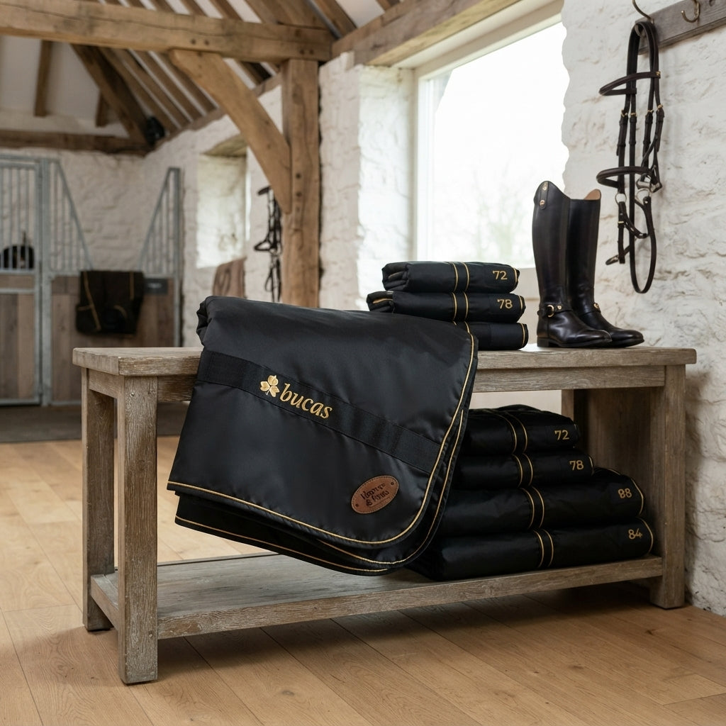 Lifestyle photo of Toklat Bucas Irish Classic Turnout Blanket - Black and Gold - Multiple Sizes