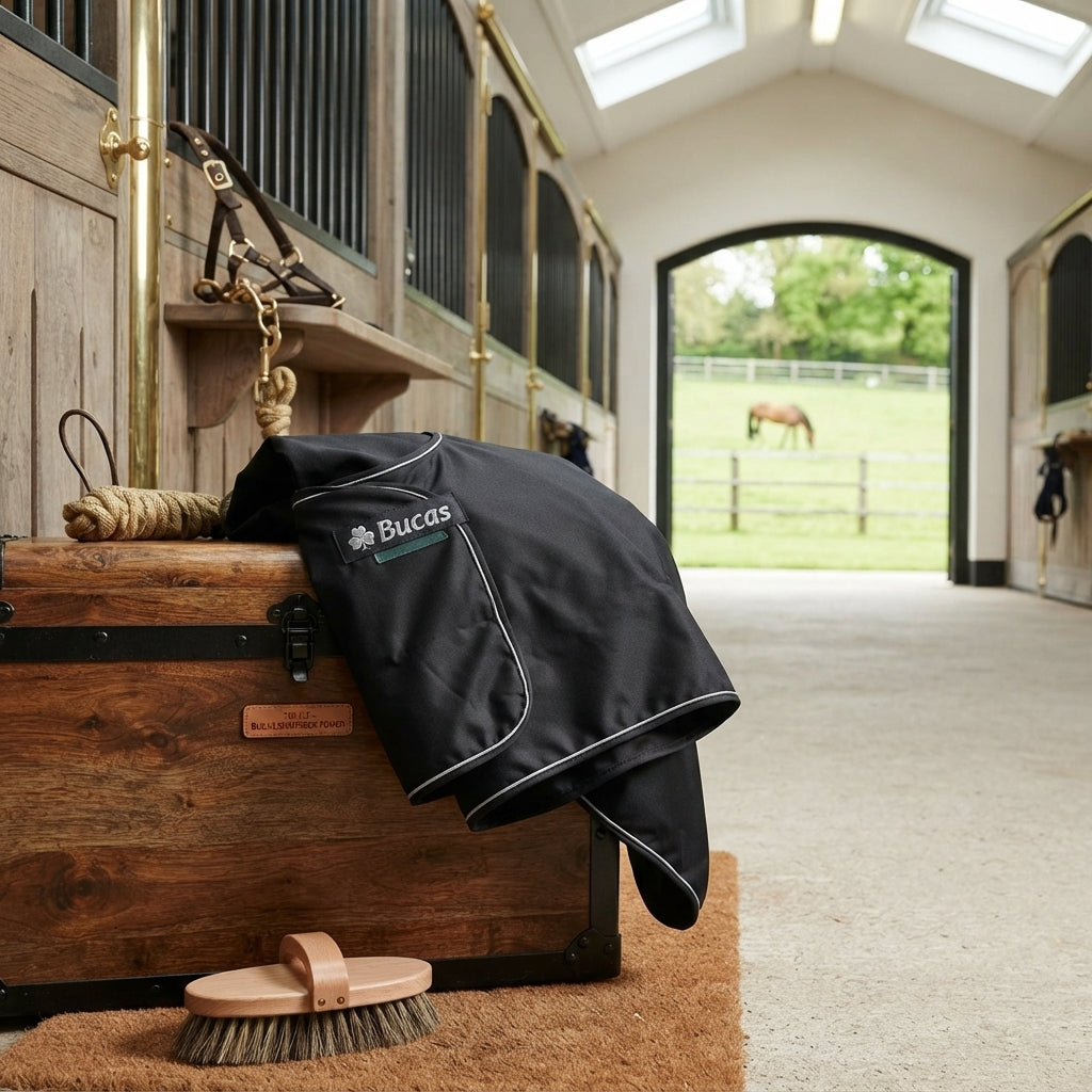 Lifestyle photo of Toklat Bucas Shamrock Power Cooler - High-Performance Moisture Wicking Horse Sweat Sheet and Travel Rug
