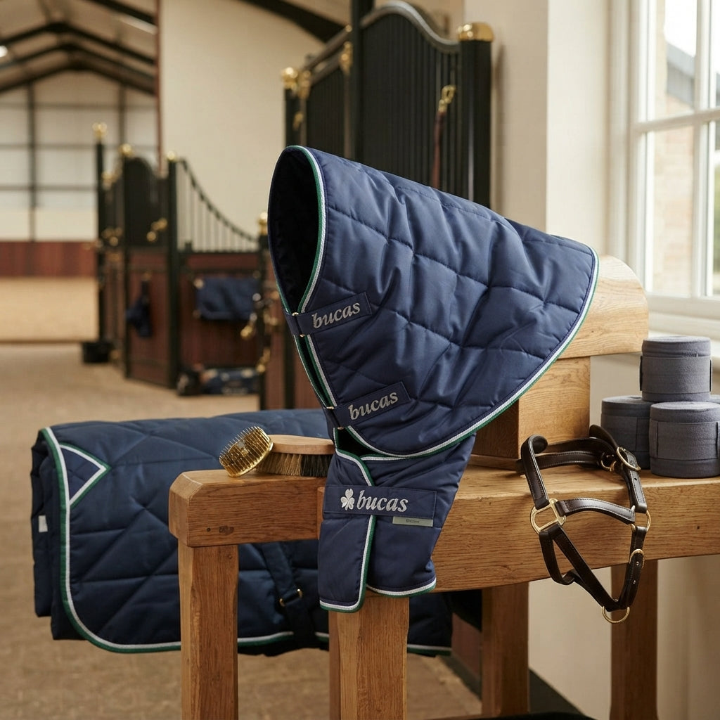 Lifestyle photo of Toklat Bucas Quilt Combi Neck - Navy Insulated Breathable Horse Stable Blanket Neck Cover Attachment