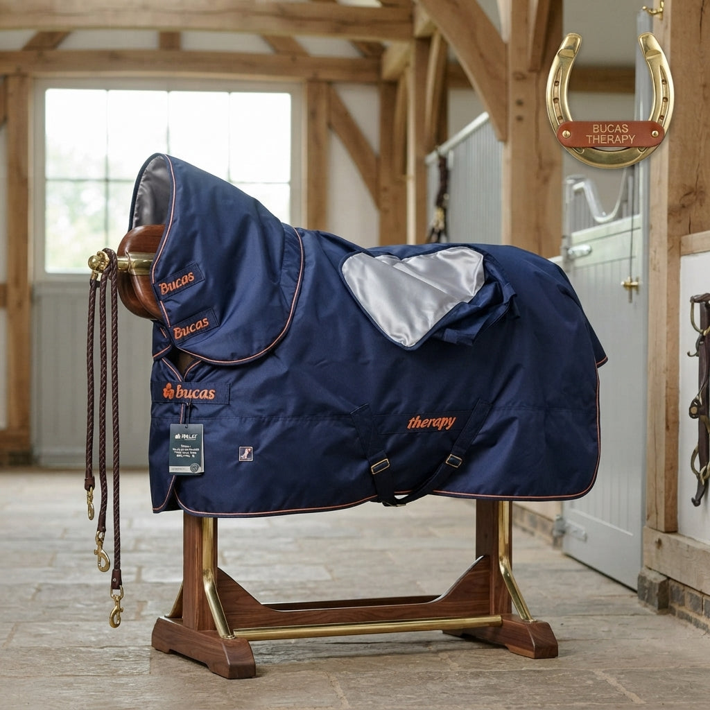 Lifestyle photo of Toklat Bucas Therapy Turnout Horse Blanket 150g Silky Lining - Navy - Multiple Sizes