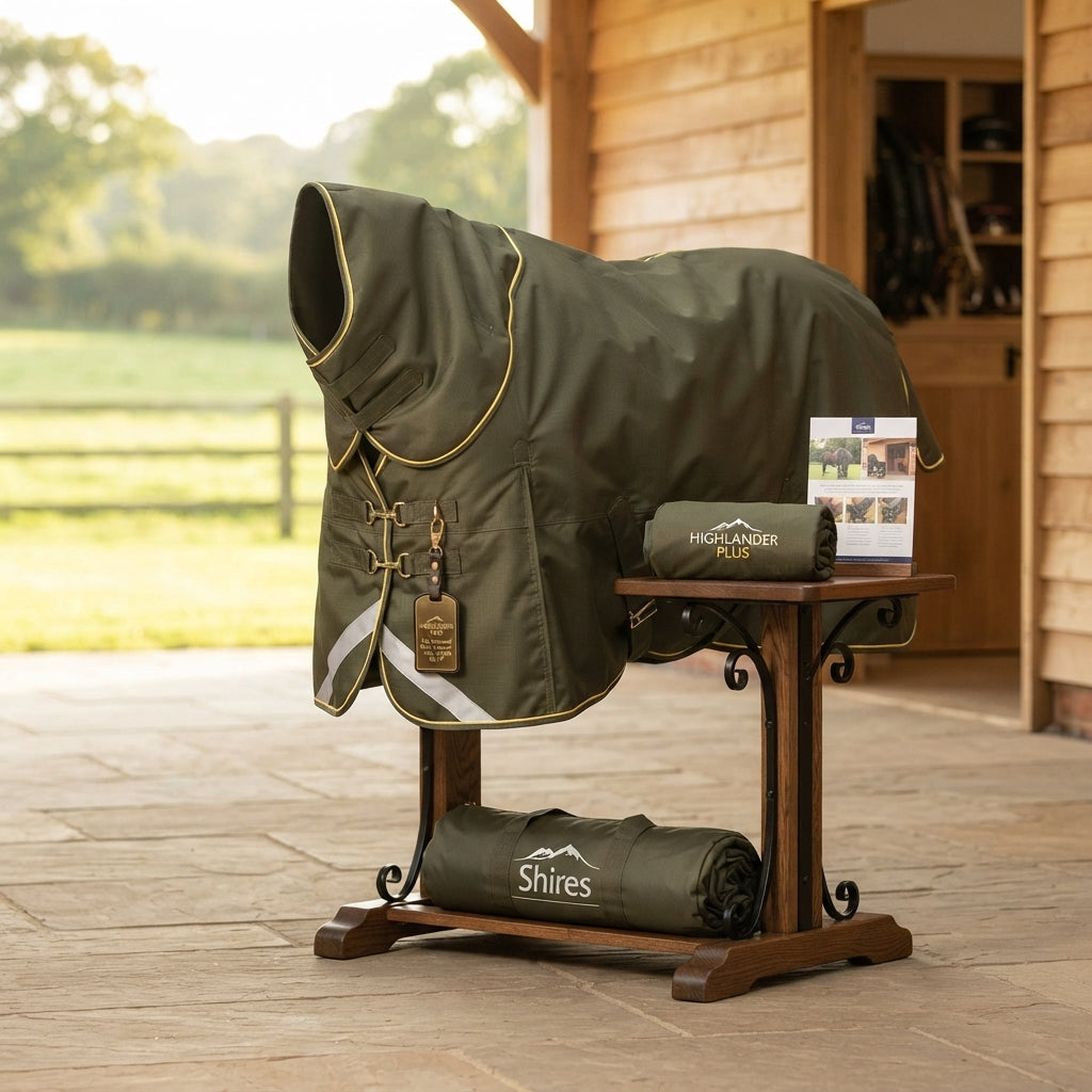 Lifestyle photo of Shires Highlander Plus Lite Standard Neck Turnout Rug - 1200 Denier 0g Fill - Multiple Sizes