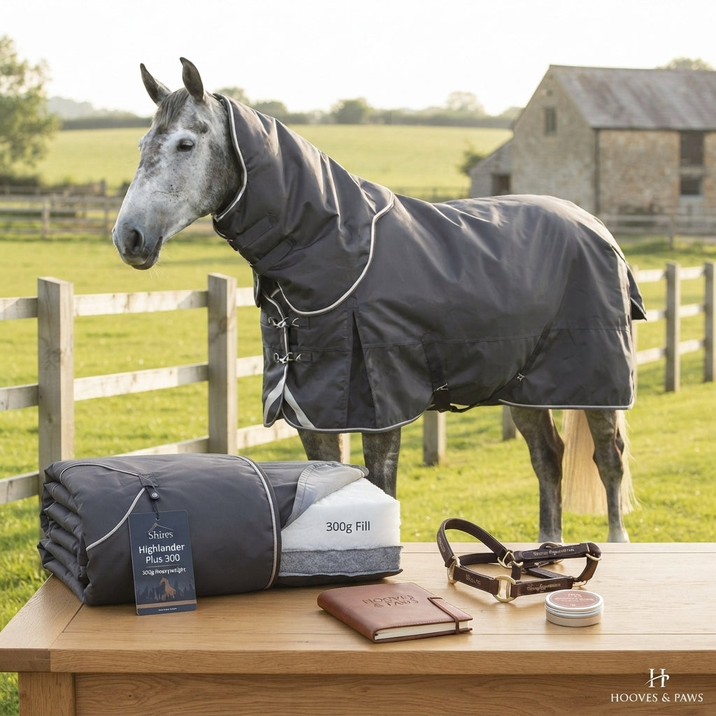 Lifestyle photo of Shires Highlander Plus 300 Standard Neck Horse Turnout Blanket - 300g Heavyweight