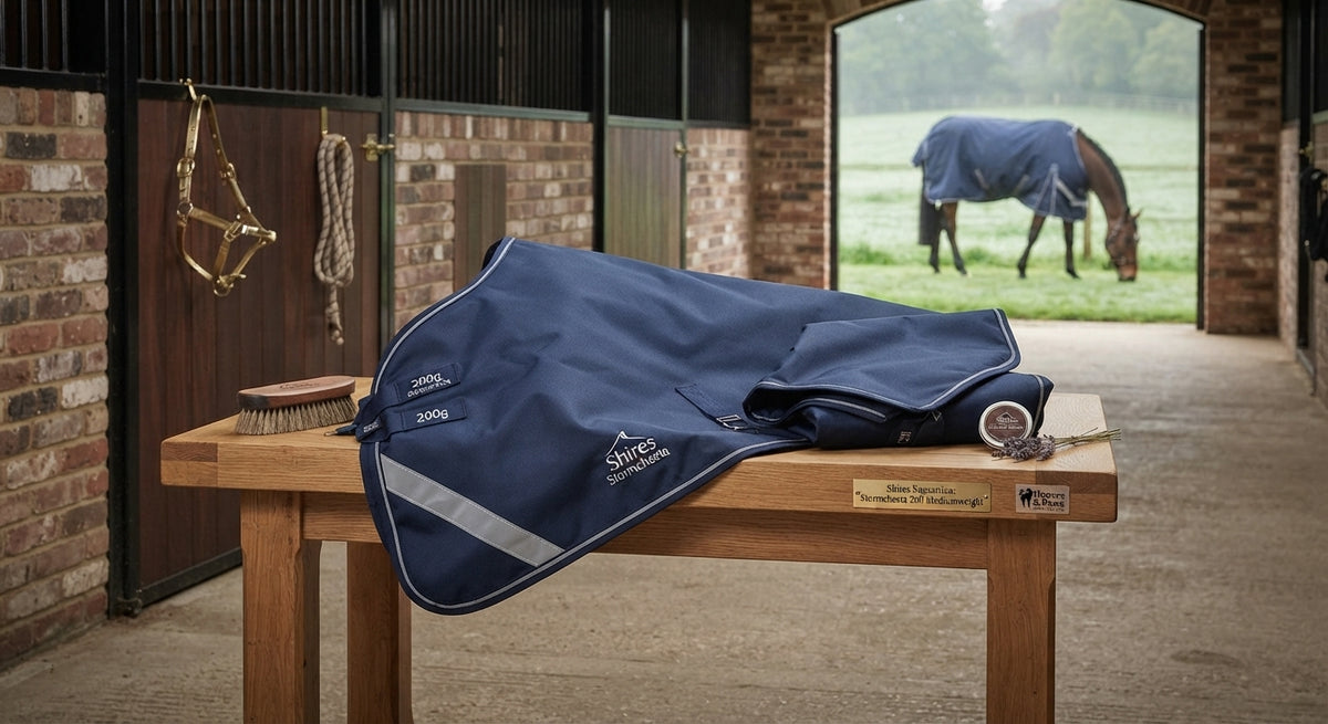 Lifestyle photo of Shires Stormcheeta 200 Mediumweight Turnout Rug and Neck Set - 2000D 200g - Multiple Sizes