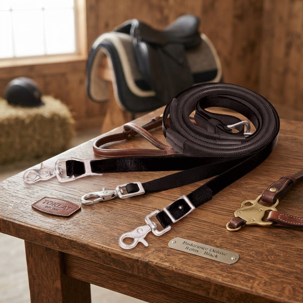 Lifestyle photo of Toklat Endurance Deluxe Horse Reins - Black - Durable Tack for Long Distance Trail Riding