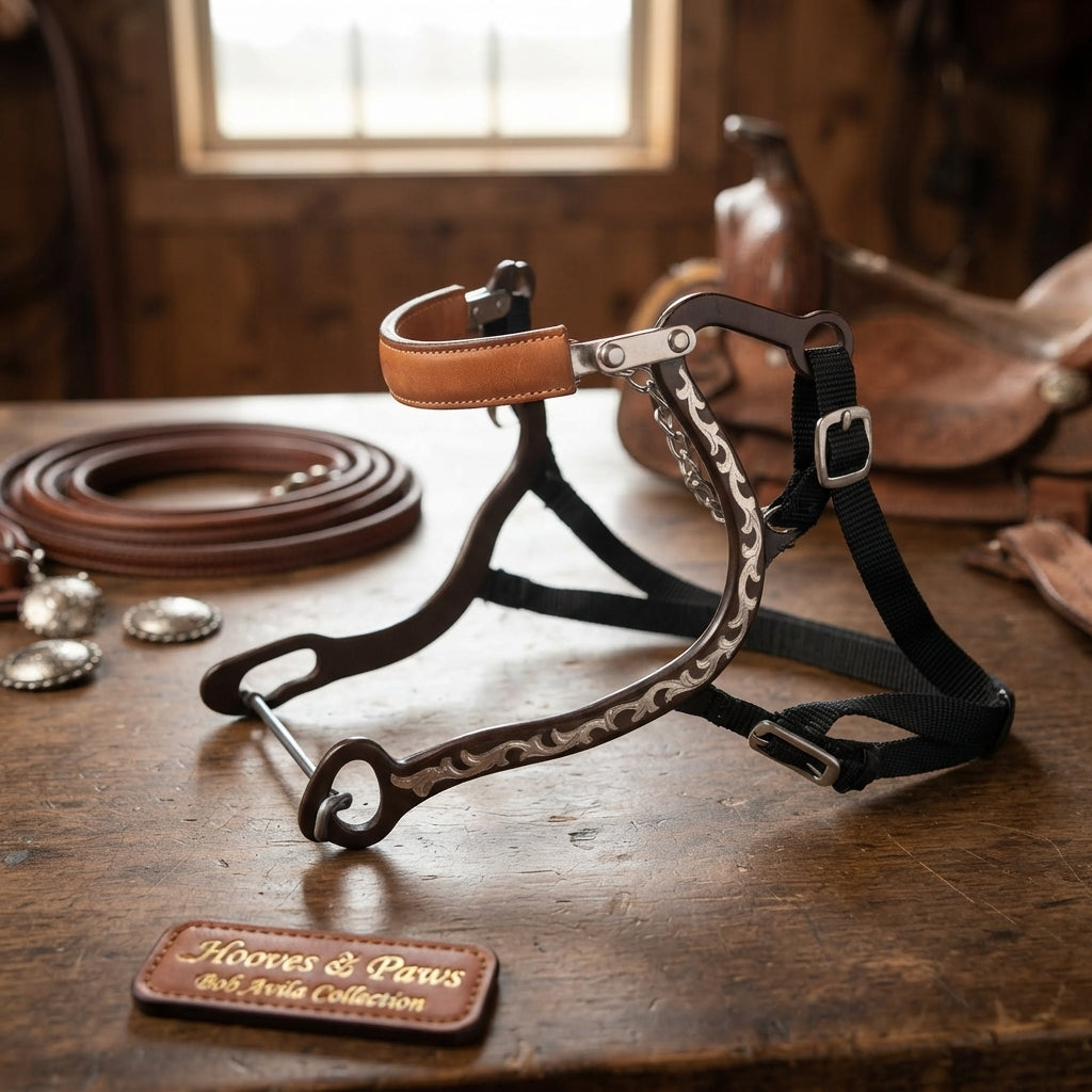 Lifestyle photo of Professional's Choice Bob Avila Collection Floral Mechanical Hackamore Bit - 5" Width, 8.5-9" Shanks, Leather Noseband