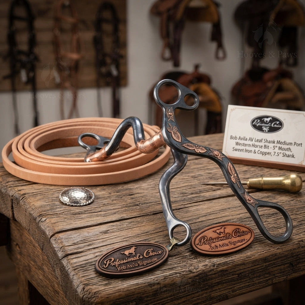 Lifestyle photo of Professional's Choice Bob Avila AV Leaf Shank Medium Port Western Horse Bit - 5" Mouth, Sweet Iron & Copper, 7.5" Shank
