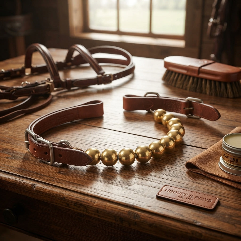 Lifestyle photo of Martin Saddlery Brass Ball Curb Strap - Premium Harness Leather & Stainless Steel Buckles - Adjustable