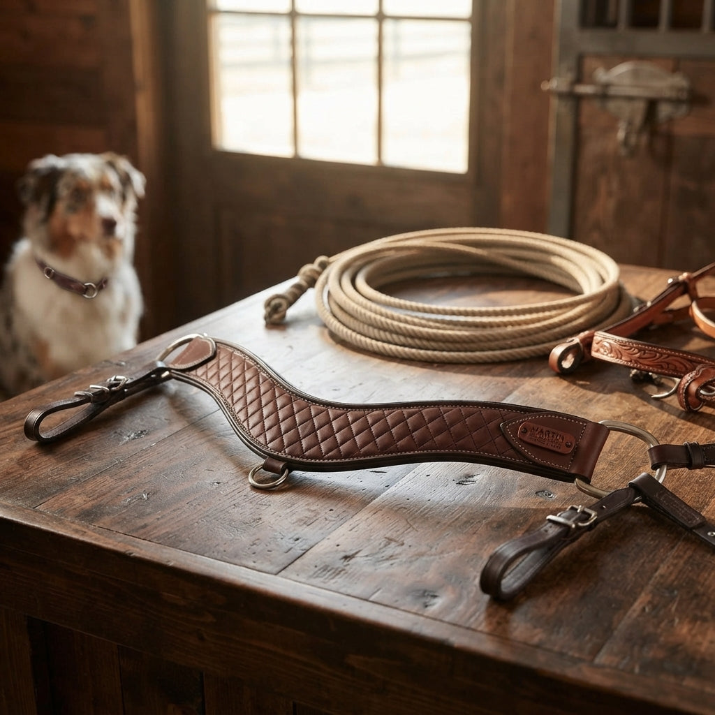 Lifestyle photo of Martin Saddlery 4-inch Steer Roper Breastcollar - Wrapped with Quilted Tooling, Hand-Oiled Leather - 4" Width