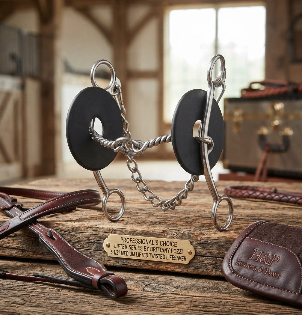 Lifestyle photo of Professional's Choice Lifter Series Horse Bits by Brittany Pozzi 5 1/2" Mouthpiece Medium Lifted Twisted Lifesaver