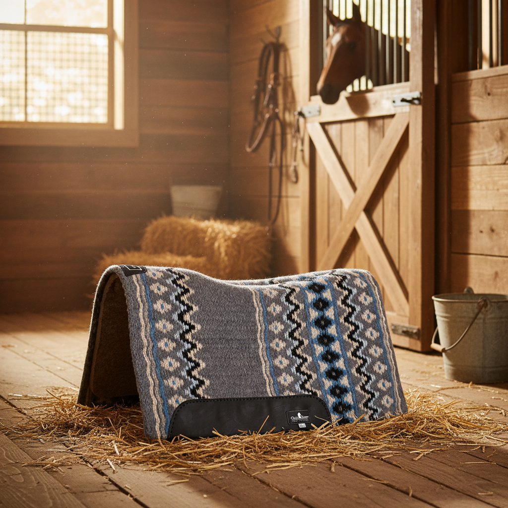 Blanket Top Western Saddle Pad - 1/2-Inch Natural Wool Felt, Hand-Woven Top, Contoured Spine & Wither Relief