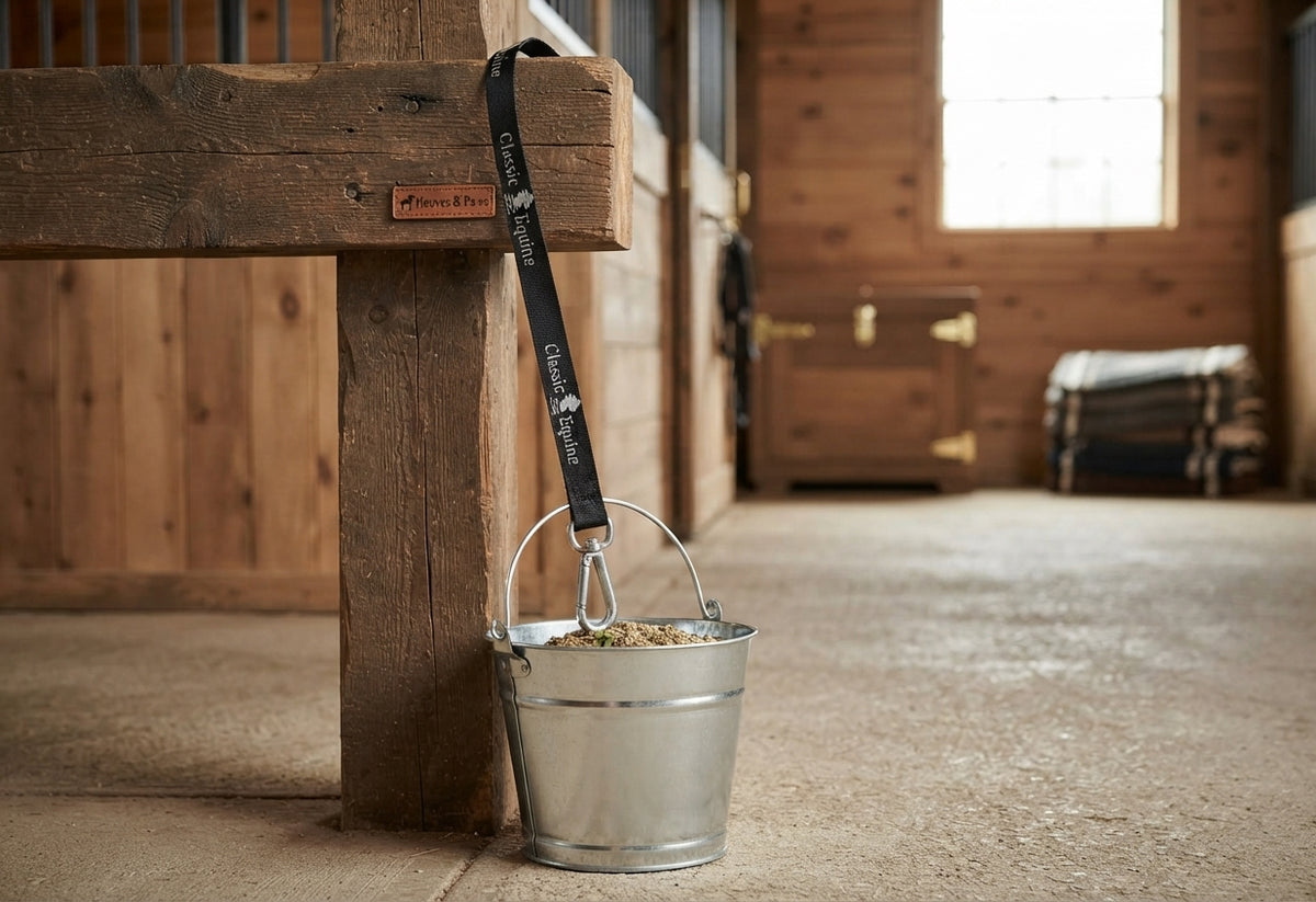 Lifestyle photo of Classic Equine Bucket Strap - Heavy-Duty Nylon Horse Feed Bucket Hanger, 150 lb Capacity, Aluminum Snap