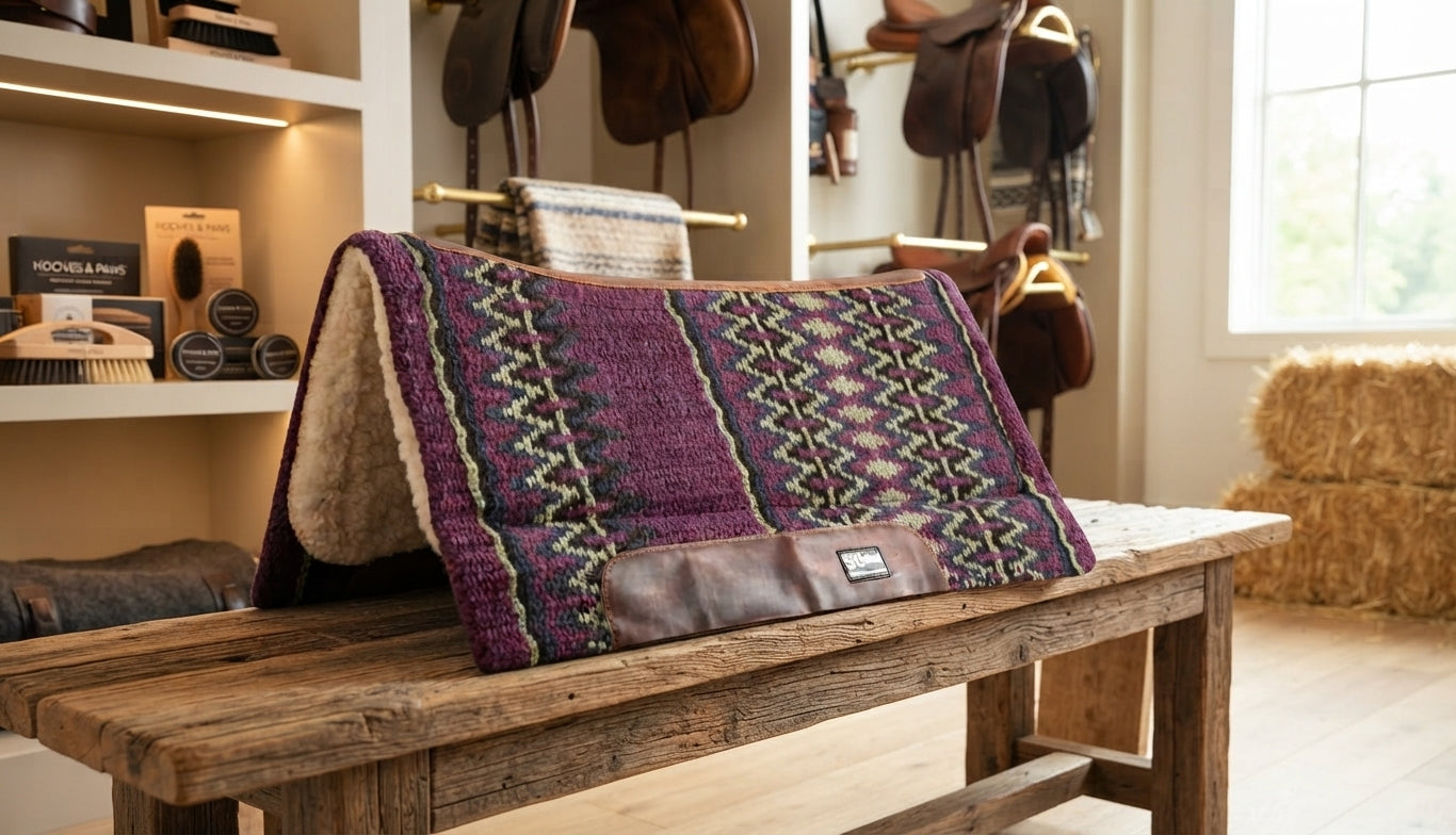 Lifestyle photo of Cashel Performance Blanket Felt Saddle Pad - 34x38, Purple, 3/4" Pressed Felt Core, Merino Fleece