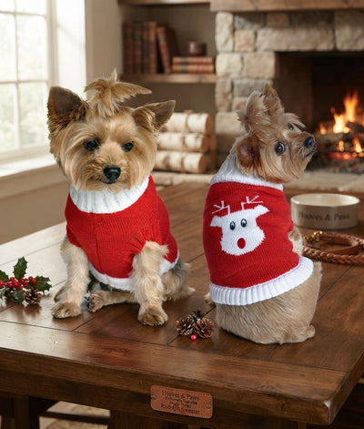 Lifestyle photo of Doggie Design Red Rudolph Holiday Dog Sweater - Extra-Thick Acrylic Knit - Multiple Sizes