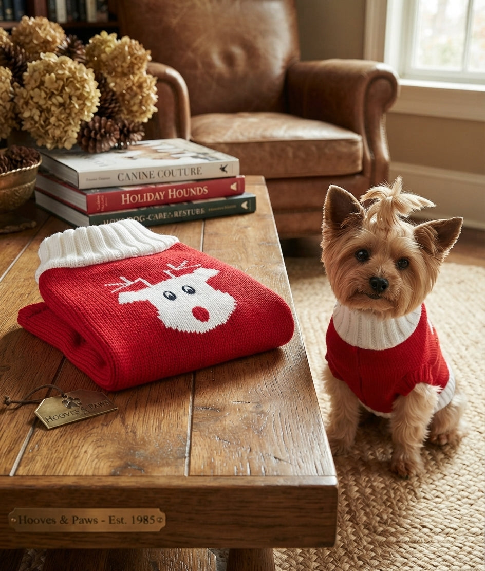 Lifestyle photo of Doggie Design Red Rudolph Holiday Dog Sweater - Extra-Thick Acrylic Knit - Multiple Sizes