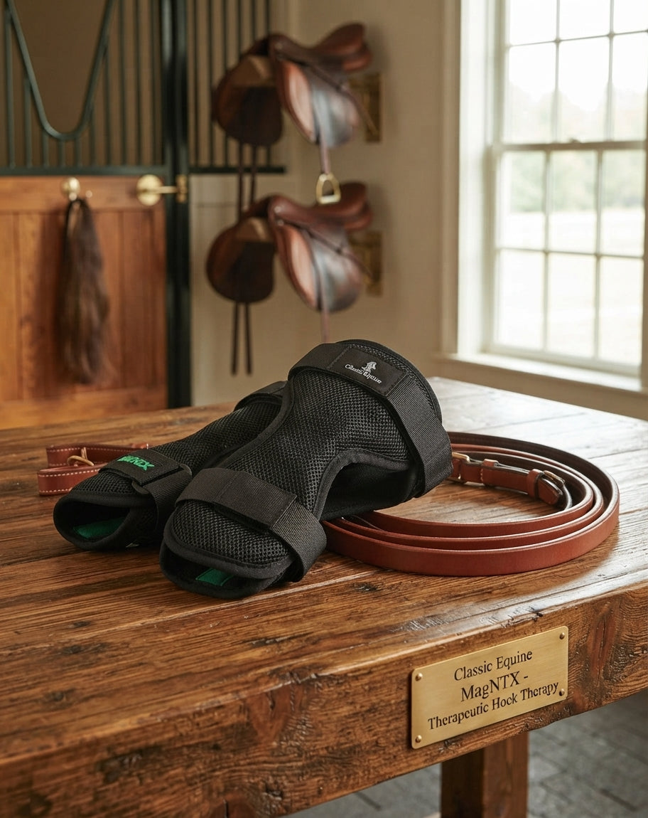 Lifestyle photo of Classic Equine MagNTX Hock Wrap - Therapeutic Magnetic Horse Wrap with 1 1/2" Bi-Polar Magnets