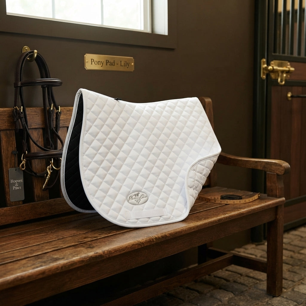 Lifestyle photo of Professional's Choice VenTECH All-Purpose Pony Saddle Pad - 19.5" Spine x 17" Drop - White - Contoured Quilted Cotton