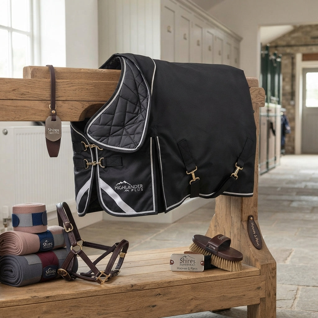 Lifestyle photo of Shires Highlander Plus 200 Standard Neck Turnout Blanket - 200g Medium Weight