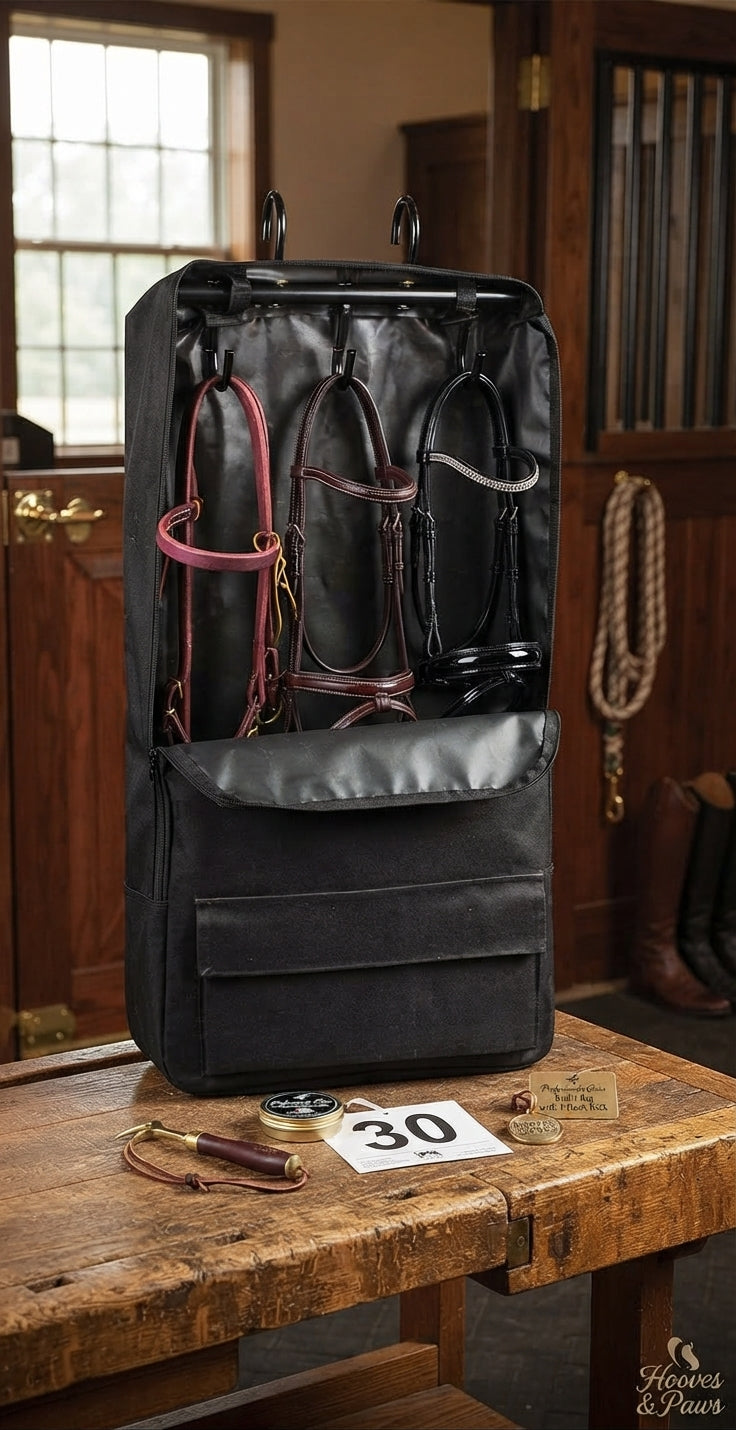 Lifestyle photo of Professional's Choice Bridle Bag with 3-Hook Rack - Heavy-Duty Vinyl Tack Storage with 14" x 7.5" Accessory Pocket