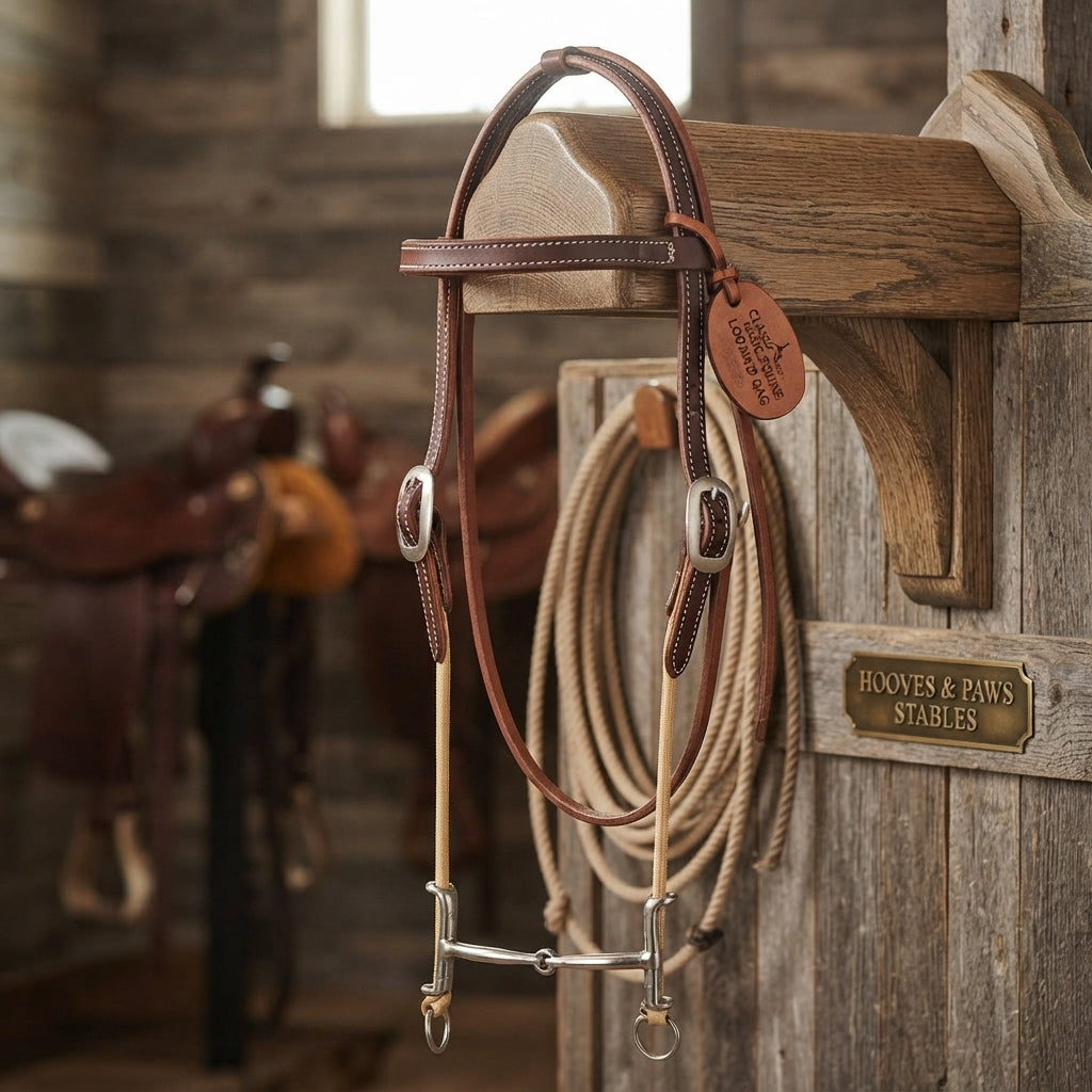 Lifestyle photo of Classic Equine Loomis Draw Gag Bit & Headstall Set - Stainless Steel Smooth Snaffle