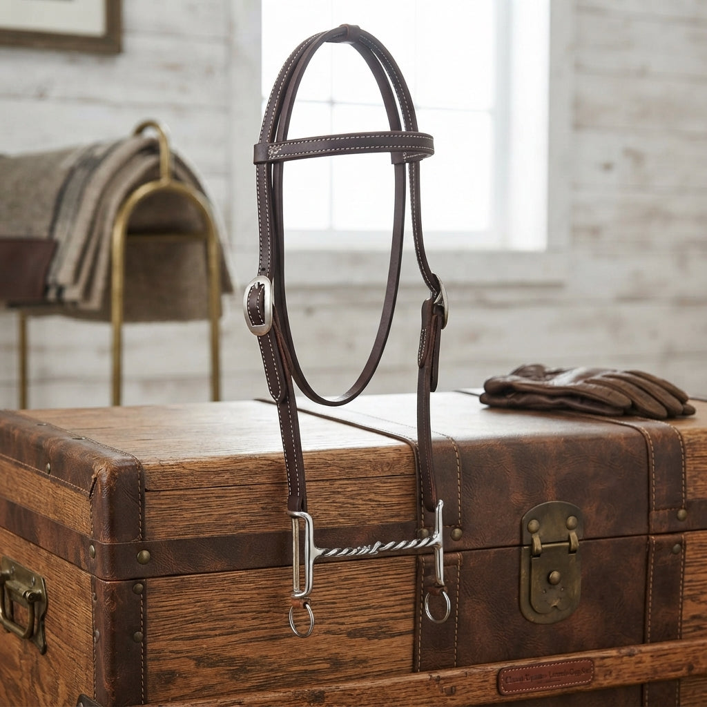 Lifestyle photo of Classic Equine Loomis Gag Bit & Headstall Set - Chocolate