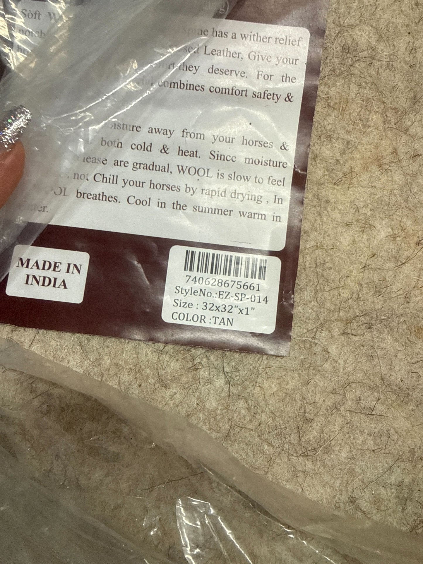 Equine Zone Contoured Tan Wool Saddle Pad 32" x 32"