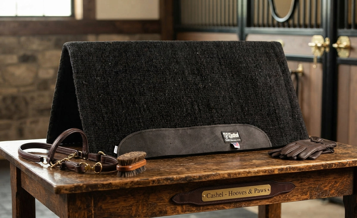 Lifestyle photo of Cashel Navajo Saddle Blanket - Black, 30" x 31", 100% Woven Wool, 1/4" Padding