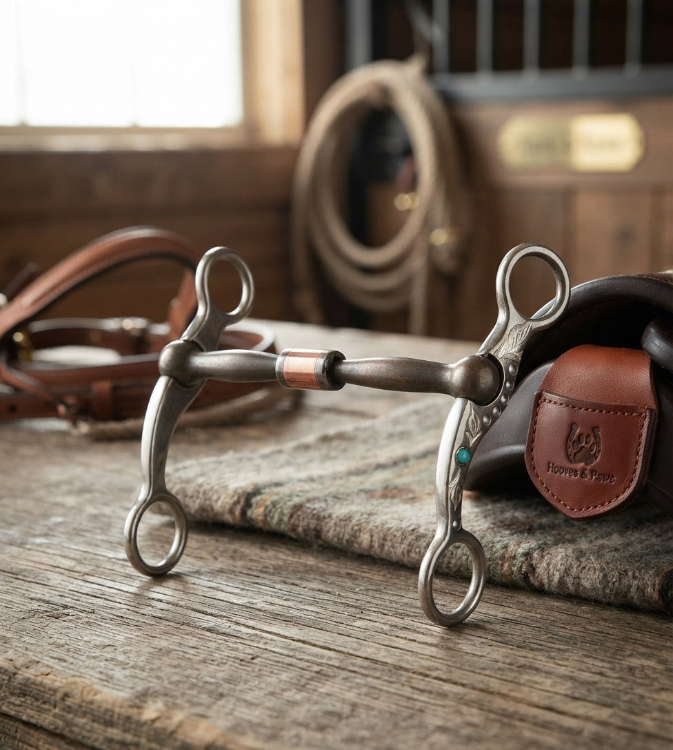 Lifestyle photo of Professional's Choice PC Feather Shank Billy Allen Western Bit - Sweet Iron & Copper Roller - Silver & Turquoise Accents