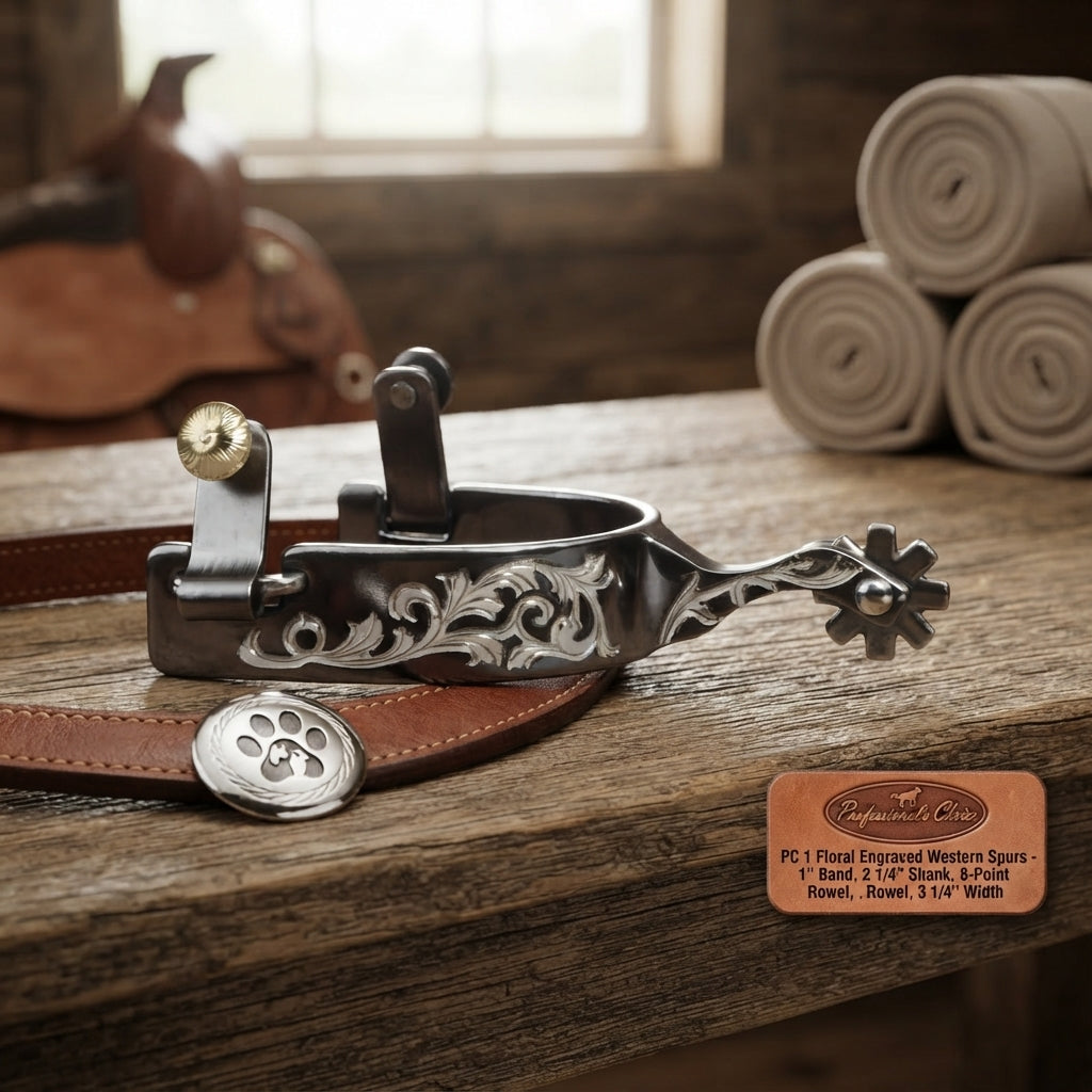 Lifestyle photo of Professional's Choice PC 1 Floral Engraved Western Spurs - 1" Band, 2 1/4" Shank, 8-Point Rowel, 3 1/4" Width