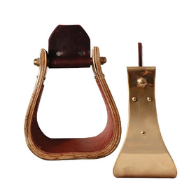 Cashel Monel and Brass Bell-Bottom Western Horse Stirrups - Leather Lined Wood Core - Size 4" Wide
