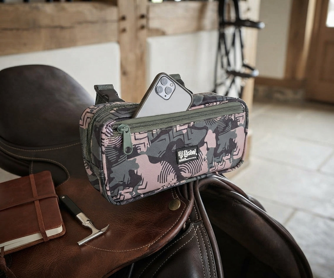 Lifestyle photo of Cashel Designer Small Pommel Bag - Camo Pattern Saddle Accessory with Smartphone Pocket