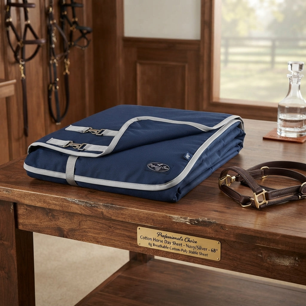 Lifestyle photo of Professional's Choice Cotton Horse Day Sheet - Navy/Silver - 68" - 0g Breathable Cotton-Poly Stable Sheet