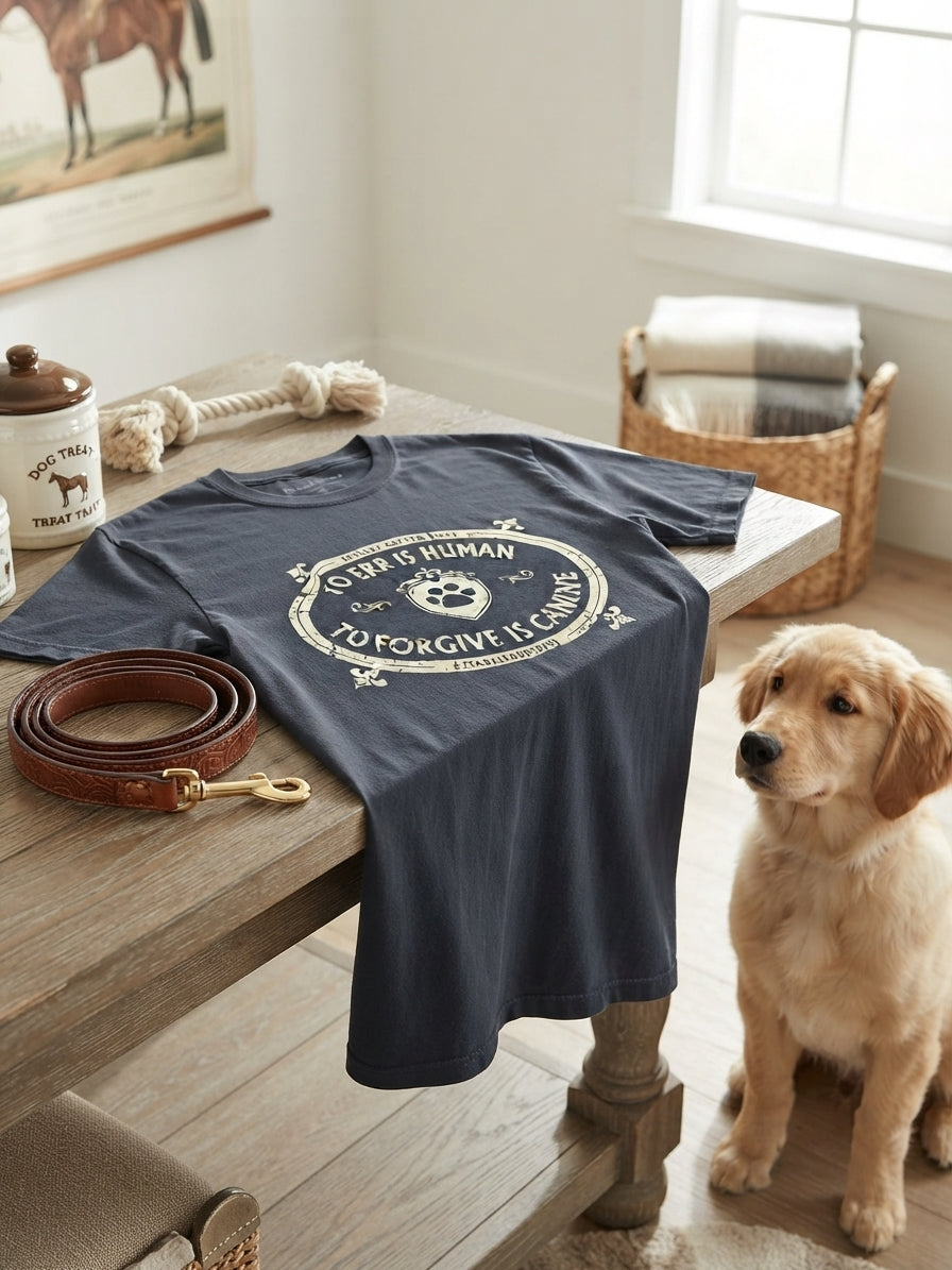 Lifestyle photo of Spoiled Rotten Dogz To Err Is Human To Forgive Canine Funny Dog Lover T-Shirt, Unisex 100% Cotton Tee - Multiple Sizes