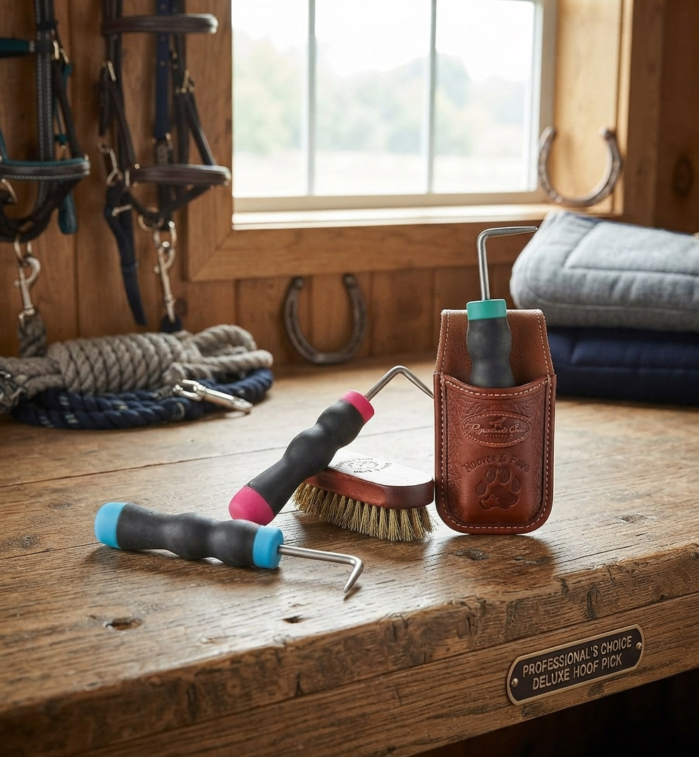Lifestyle photo of Professional's Choice Deluxe Hoof Pick - Ergonomic Non-Slip Comfort Grip & Durable Heavy-Duty Horse Grooming Tool